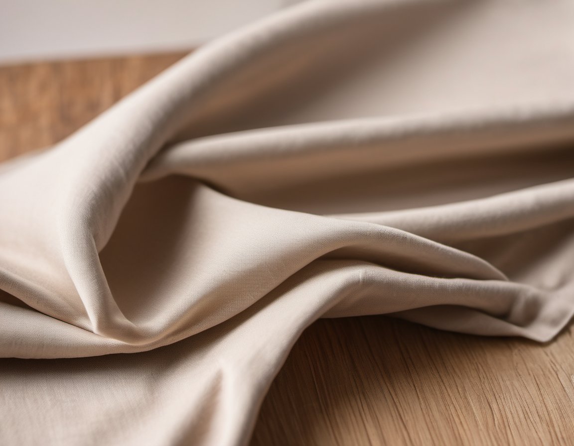 Illustration of A close-up of a folded plain beige fabric sample on a light wooden desk