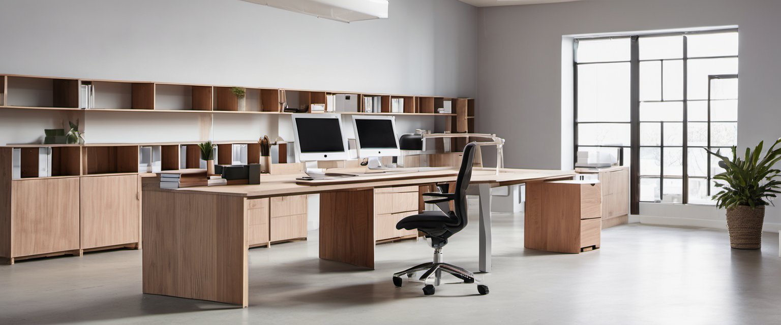 Illustration of A bright modern office workspace with plain wooden desks and simple shelving