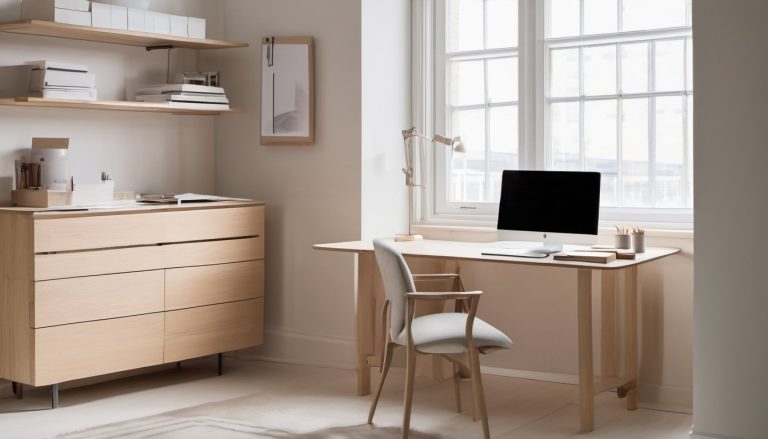 Illustration of A modern minimalist office corner with a light wooden desk and a plain closed carton on it