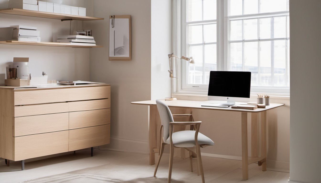 enhancing-foreign-trade-management-featured Illustration of A modern minimalist office corner with a light wooden desk and a plain closed carton on it