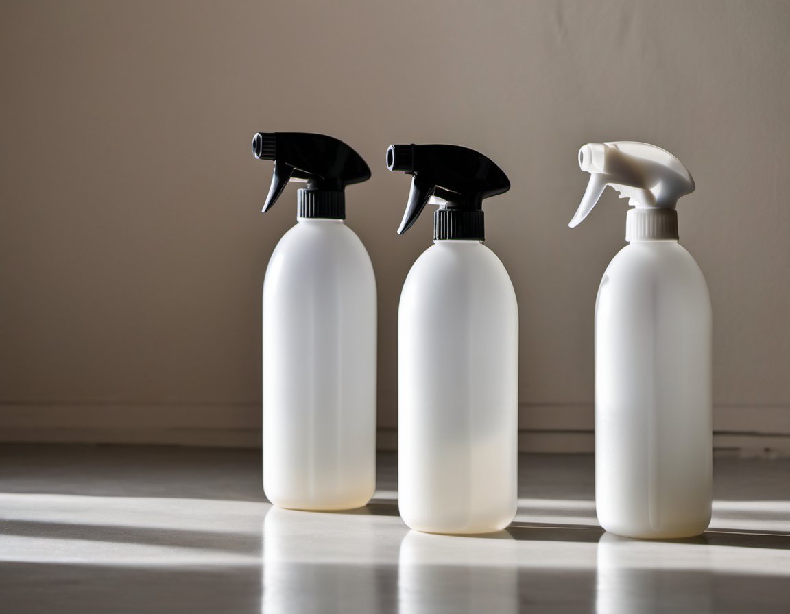 Illustration of A close-up of plain unbranded plastic spray bottles arranged on a light neutral surface