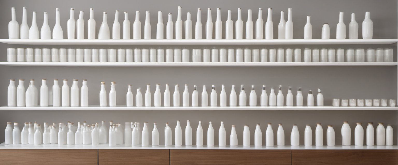 Illustration of A minimalist retail wall of uniform plain white unbranded bottles on shelves