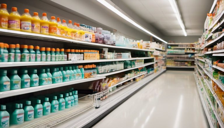 Illustration of A bright modern supermarket household cleaning aisle with rows of plain unbranded spray bottles of different sizes on white shelves
