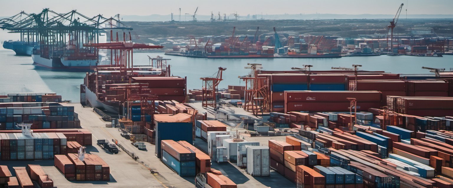 Illustration of A wide aerial view of a cargo port with container ships, gantry cranes and stacks of plain containers