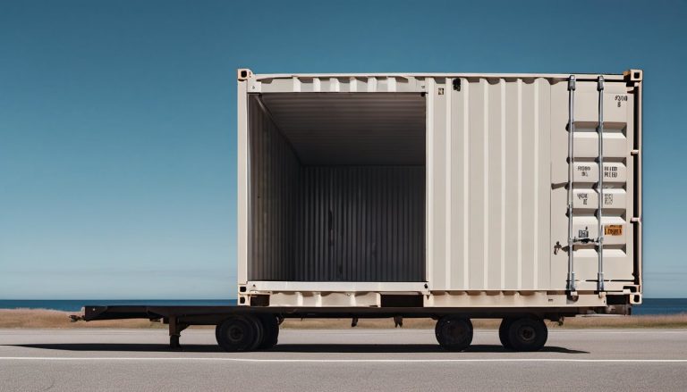 Illustration of A plain unmarked shipping container loaded on a truck trailer seen from the side on a coastal highway