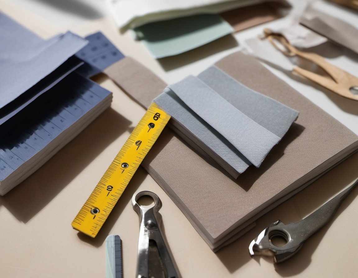 Illustration of material swatch cards, a ruler and a caliper on a workbench
