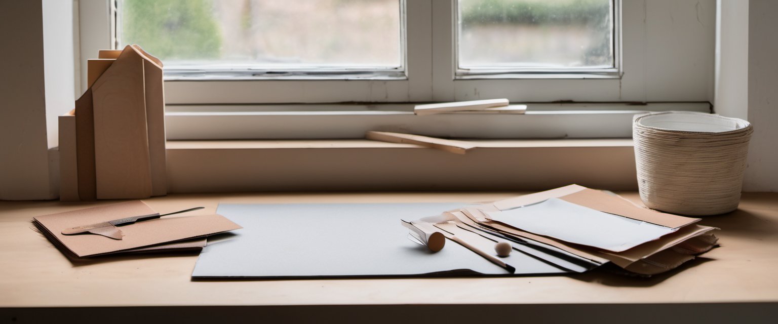 Illustration of a bright window-side workbench with paper and card samples