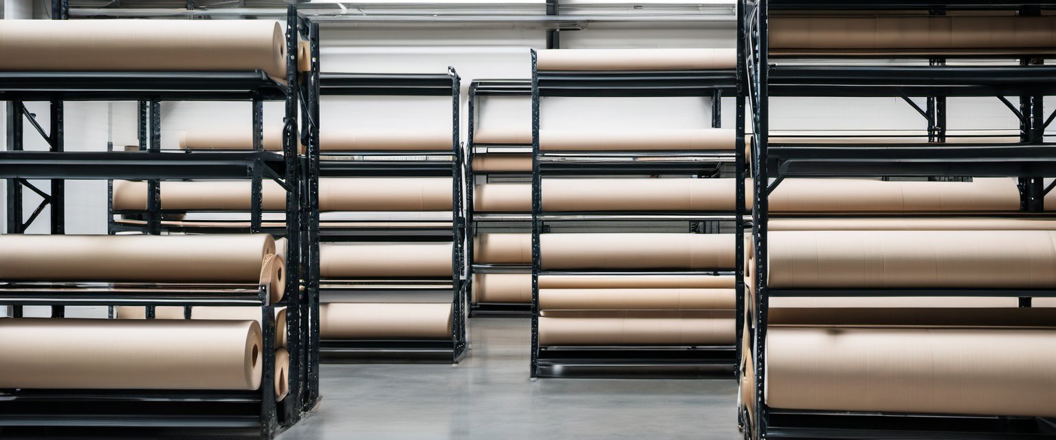 Illustration of rows of plain material rolls on steel shelving in a bright modern warehouse
