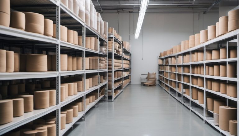 Illustration of a bright clean warehouse with tightly rolled fabric rolls in neutral grey and beige stacked on shelves