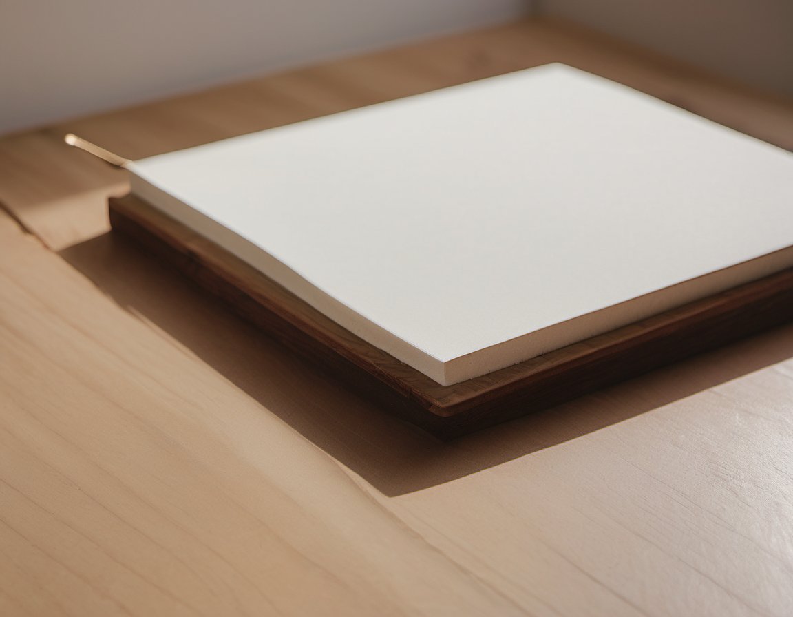 Illustration of a close-up of a plain wooden tabletop with a blank plain notepad and a pen
