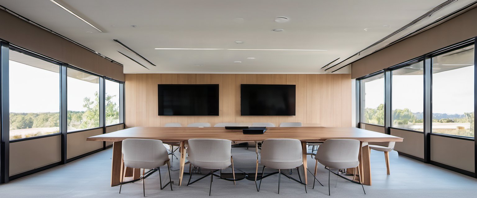Illustration of an empty bright modern conference room with a long wooden table and glass windows