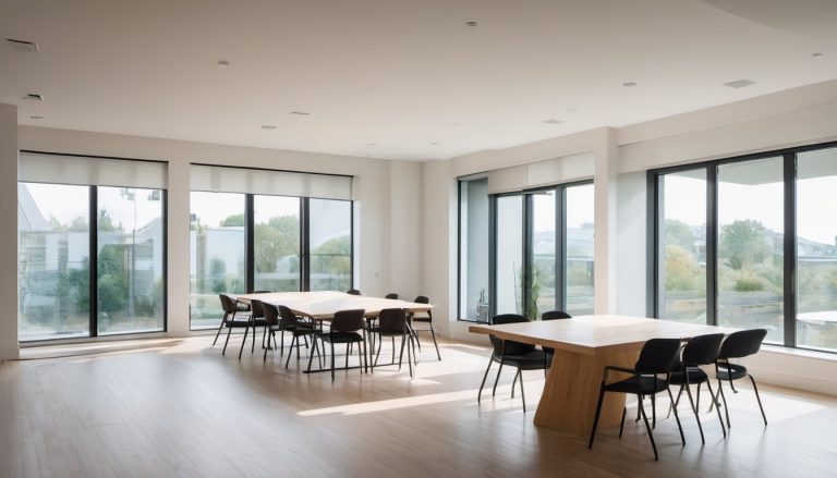 Illustration of a modern minimalist meeting room with a light wooden table and simple chairs