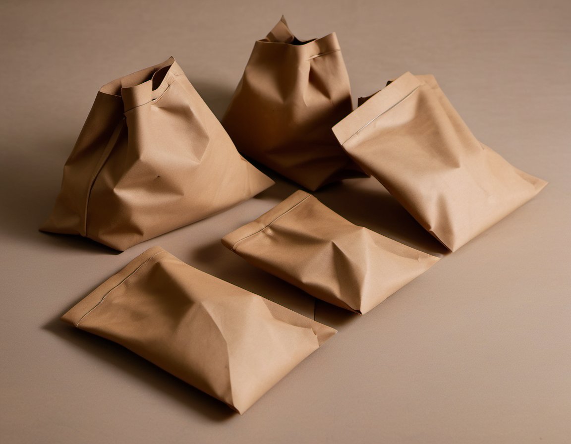 Illustration of A close-up of plain unbranded kraft paper stand-up pouches arranged on a neutral surface