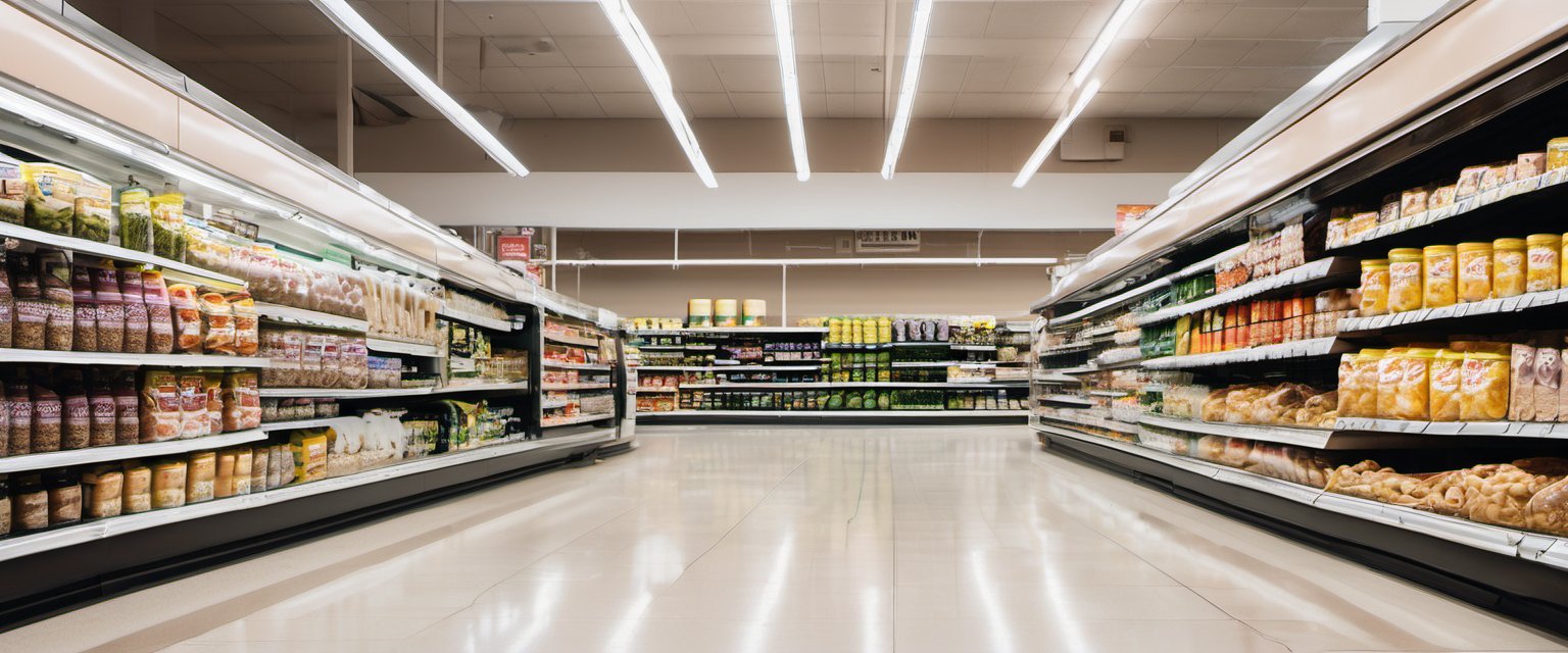 Illustration of A clean modern supermarket pet aisle with plain unbranded products on shelves and polished floor reflections
