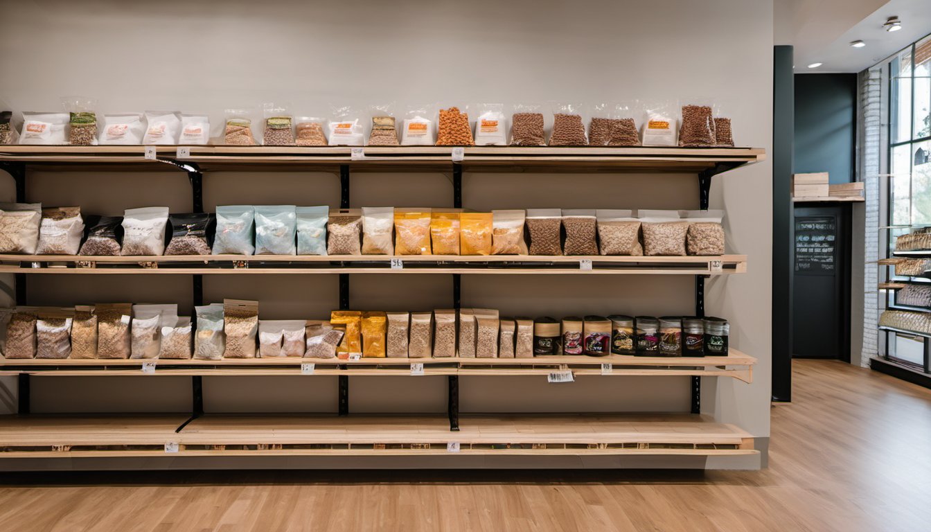 Illustration of A modern minimalist specialty pet store interior with rows of plain unbranded pet food bags on light wooden shelves