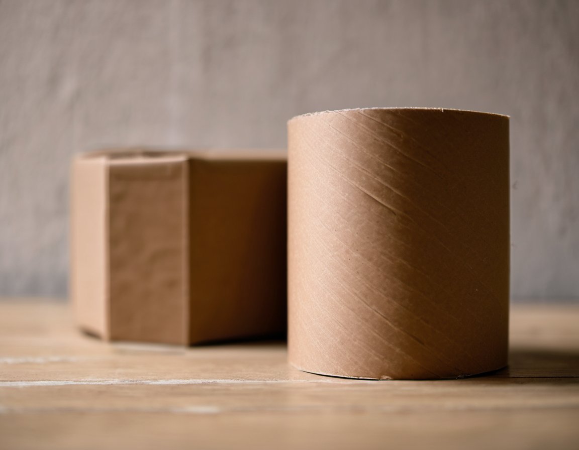 Illustration of a close-up of a roll of plain brown tape and a plain unmarked cardboard box on a wooden surface