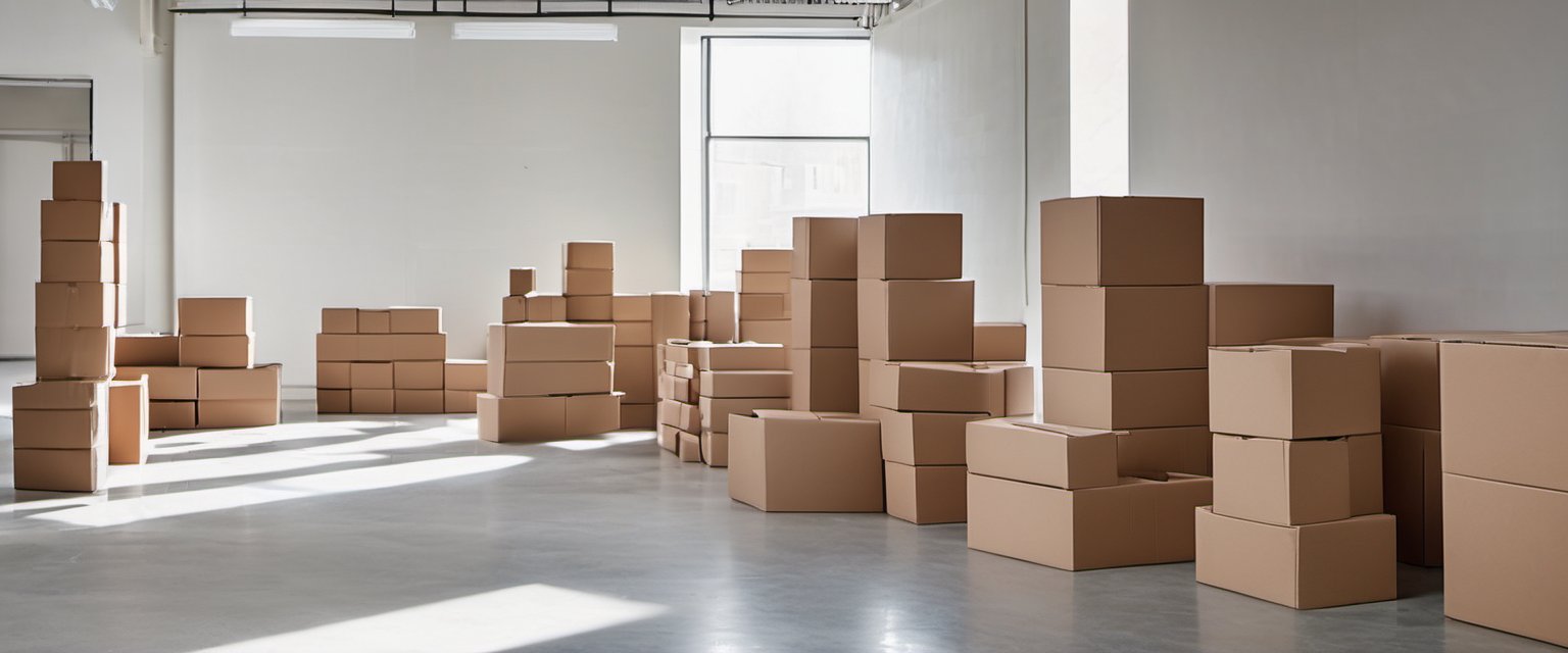 Illustration of a bright organized packing area with stacks of plain unmarked cartons along a neutral wall