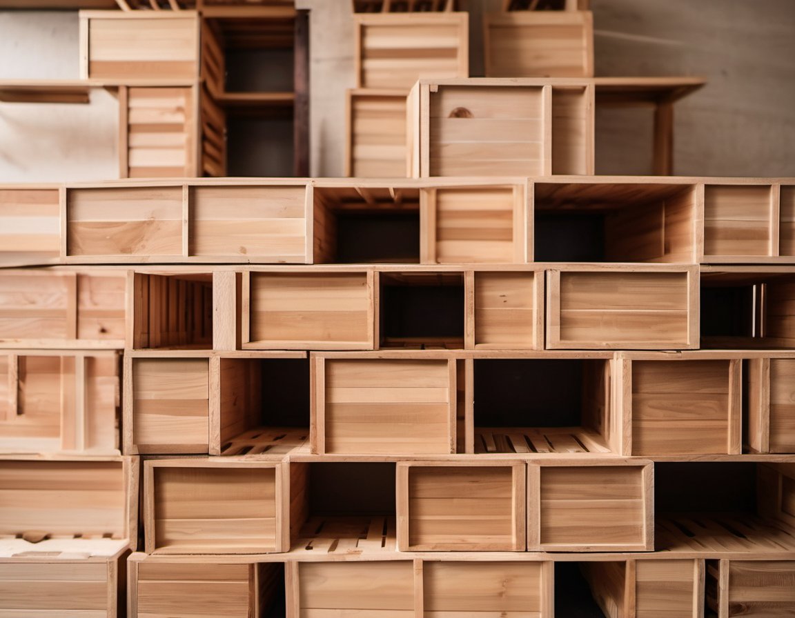 Illustration of A close-up of stacked plain wooden crates with smooth unmarked surfaces