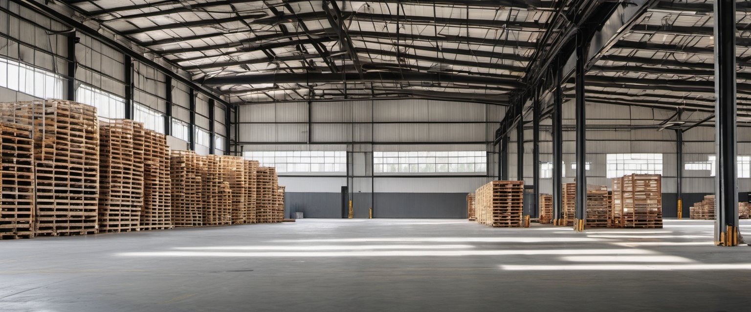 Illustration of A wide interior view of a large clean warehouse with high ceilings