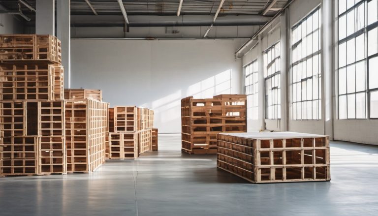 Illustration of A bright modern warehouse floor with stacked plain wooden crates and clean open concrete space