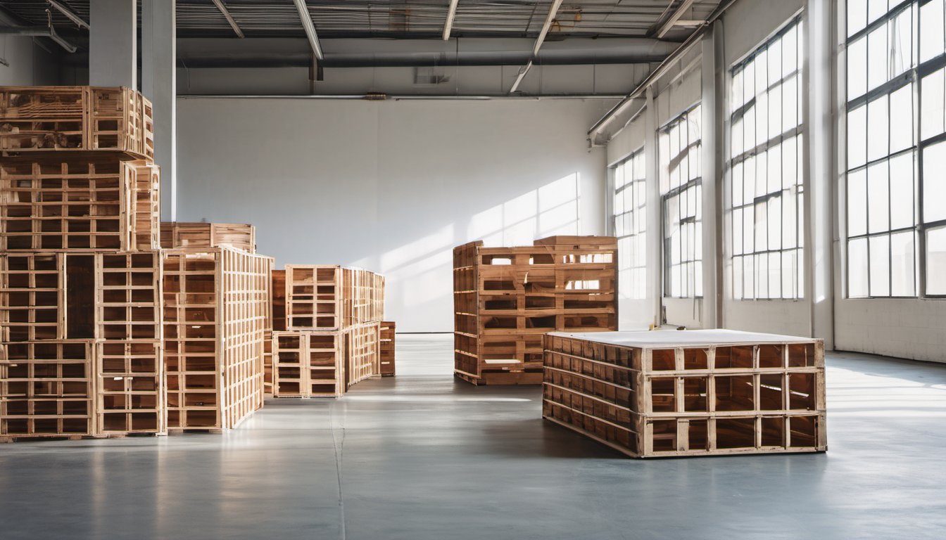 Illustration of A bright modern warehouse floor with stacked plain wooden crates and clean open concrete space