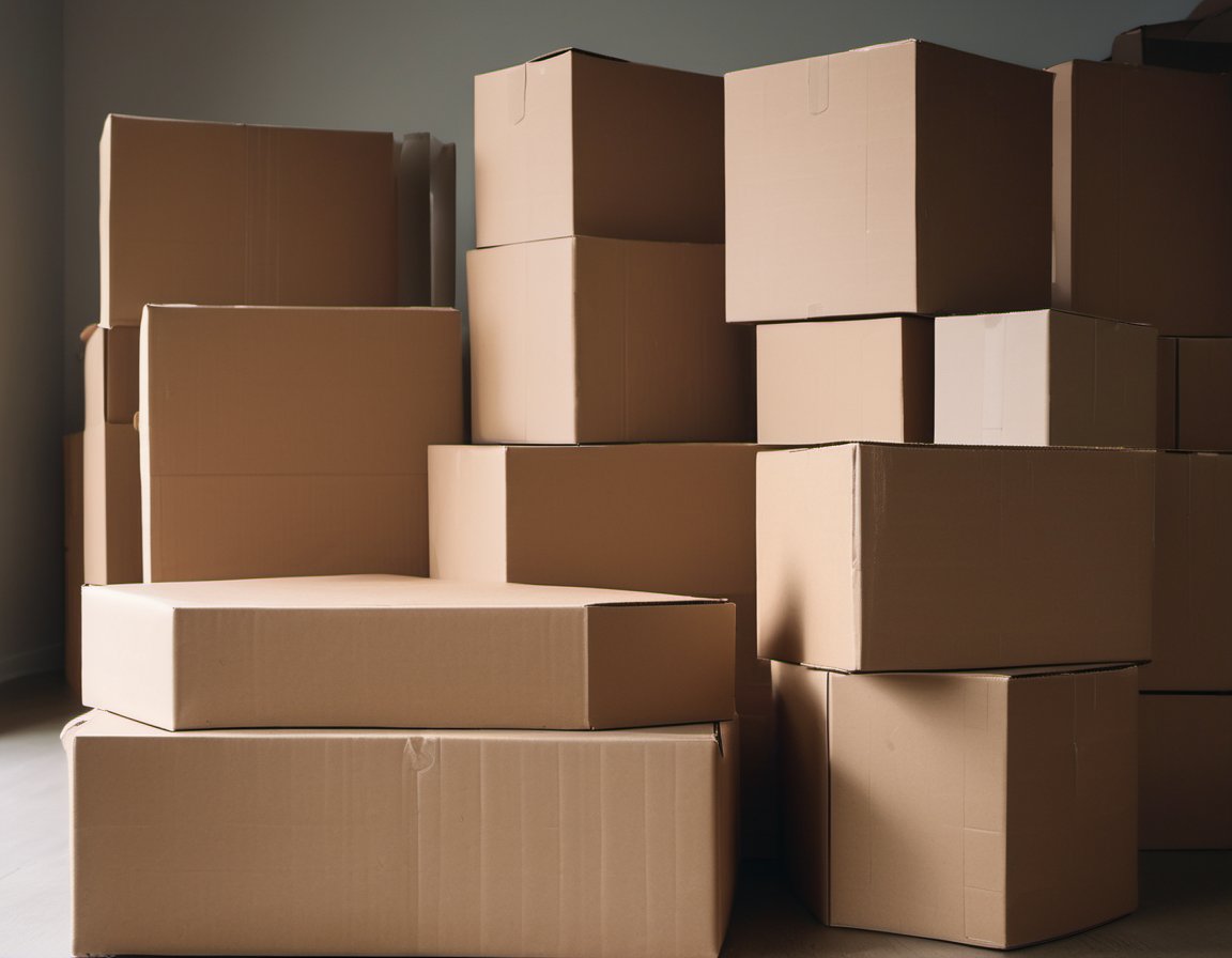Illustration of a close-up of plain unmarked cardboard boxes stacked inside a container