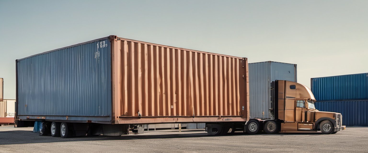 Illustration of a truck trailer carrying a plain unmarked shipping container at a warehouse dock
