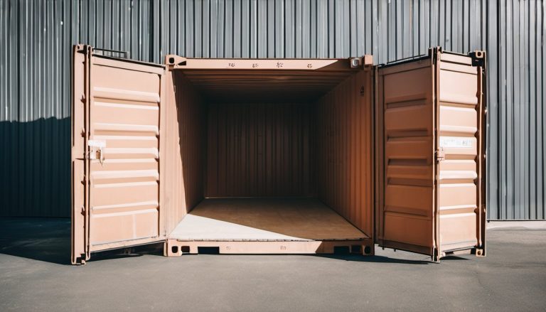 Illustration of a plain unmarked shipping container with open doors on a loading dock revealing neatly stacked plain cardboard boxes inside