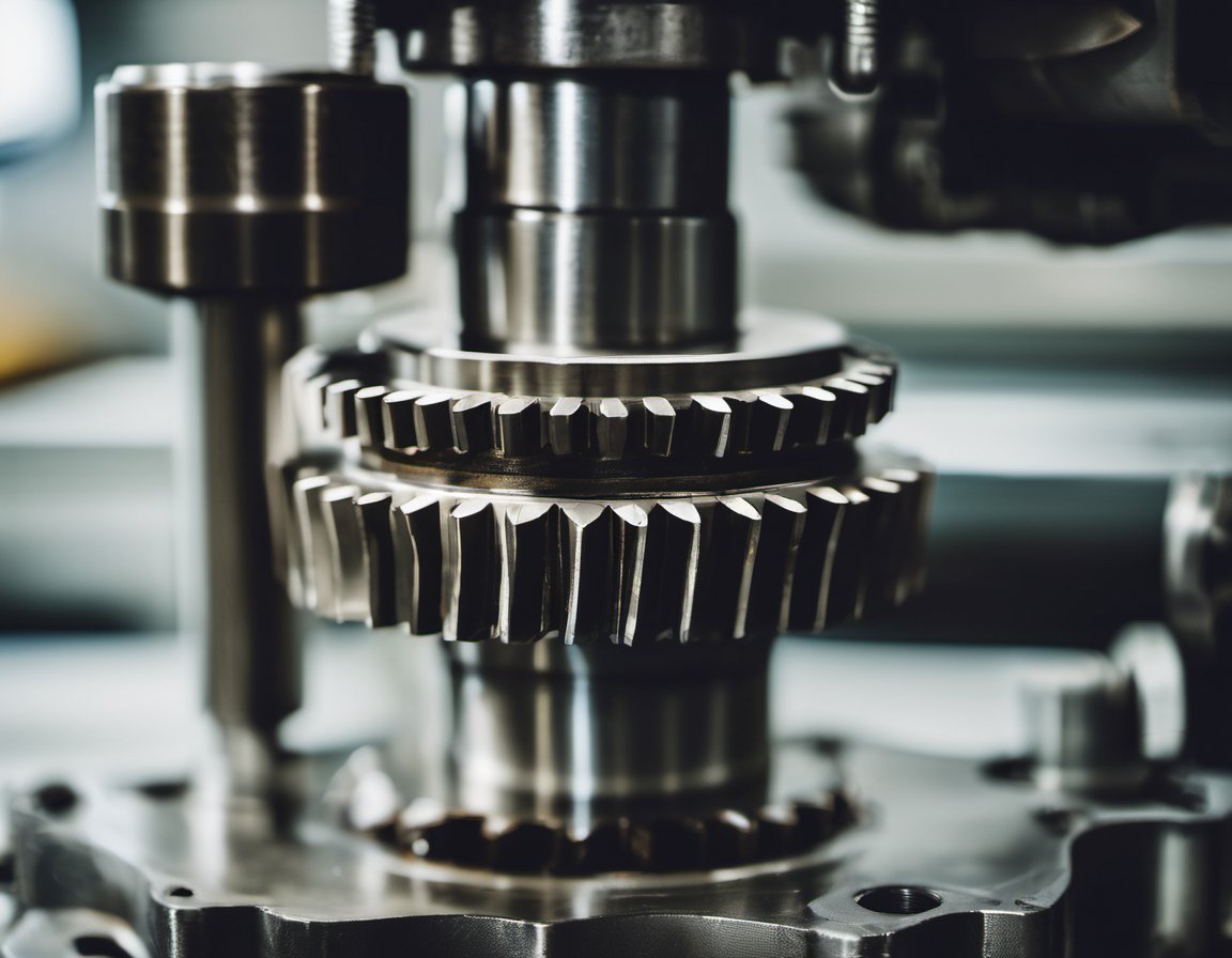 Illustration of a close-up of metal production tooling and precision gears on a machine