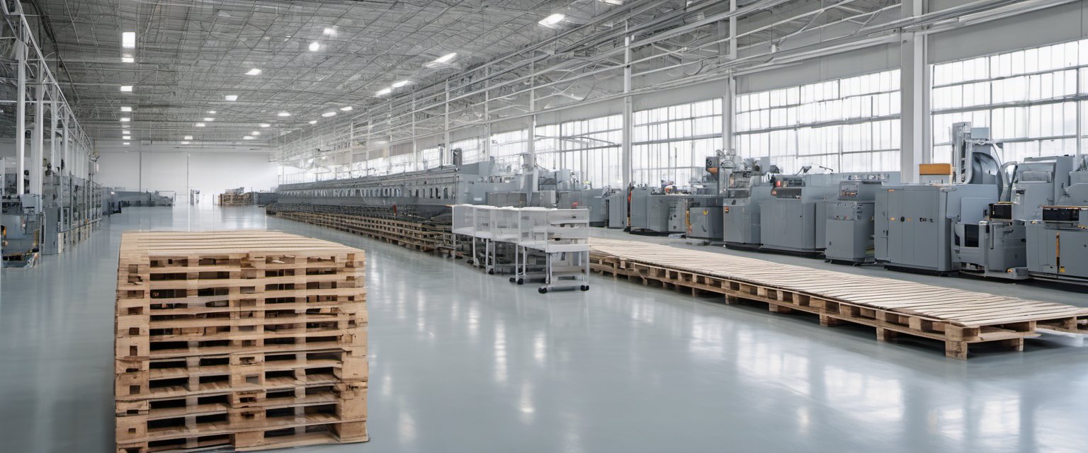 Illustration of a bright modern manufacturing hall with rows of plain machines and plain pallets