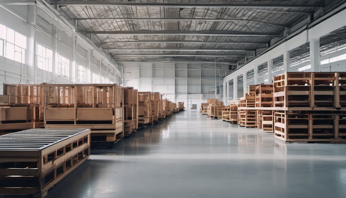 supplier-research-and-selection-featured Illustration of a clean modern factory floor with plain industrial machinery and stacked plain crates