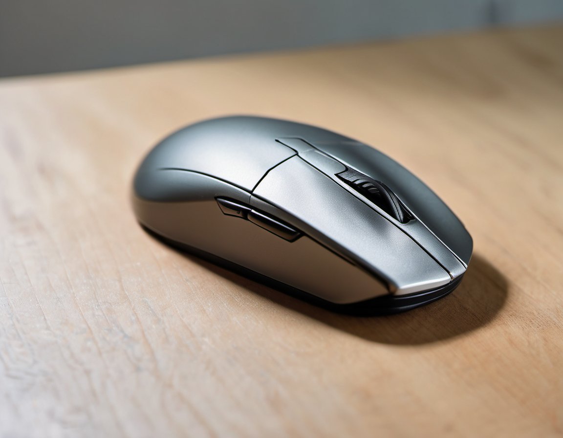 Illustration of a close-up of a plain unmarked grey wireless computer mouse on a light wooden desk