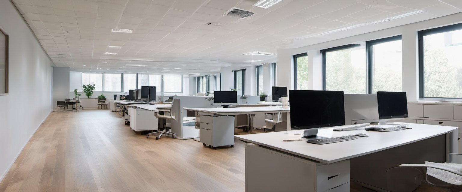Illustration of a tidy clean modern open-plan office with empty desks and blank monitors