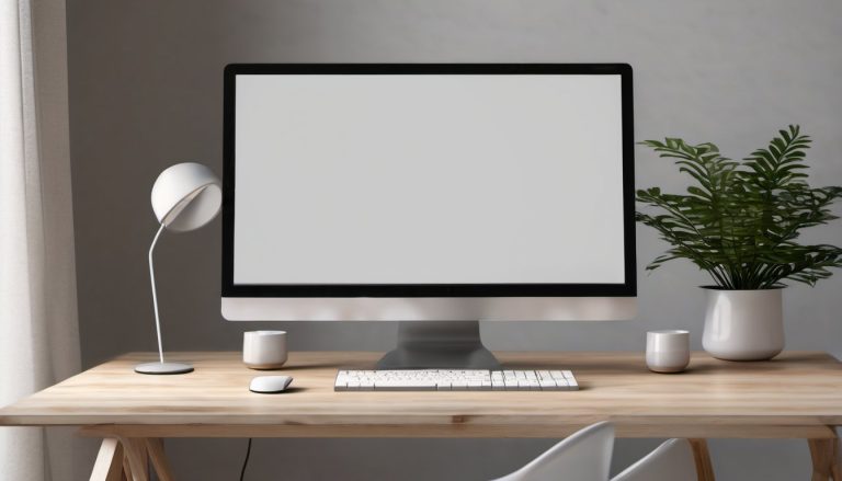 Illustration of a modern minimalist workstation with a monitor seen from behind showing a plain smooth unmarked back panel