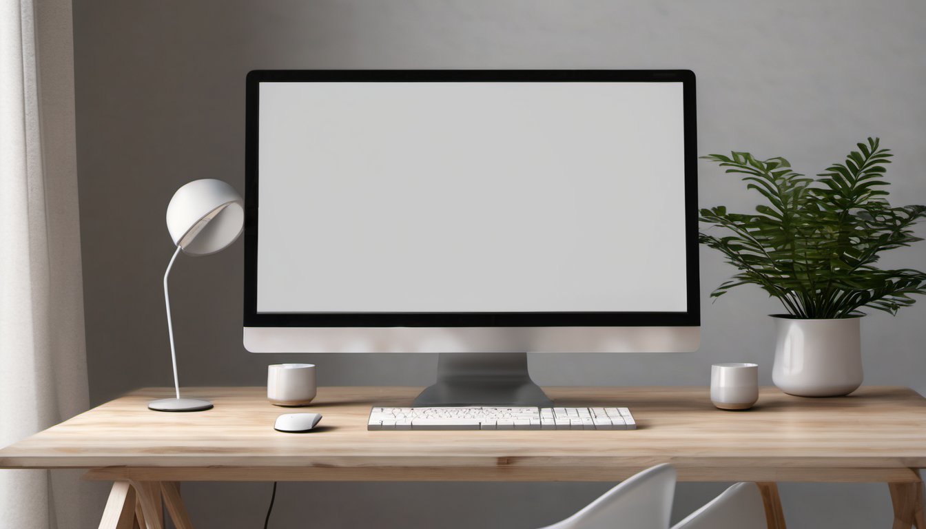 technology-for-purchasing-agents-featured Illustration of a modern minimalist workstation with a monitor seen from behind showing a plain smooth unmarked back panel