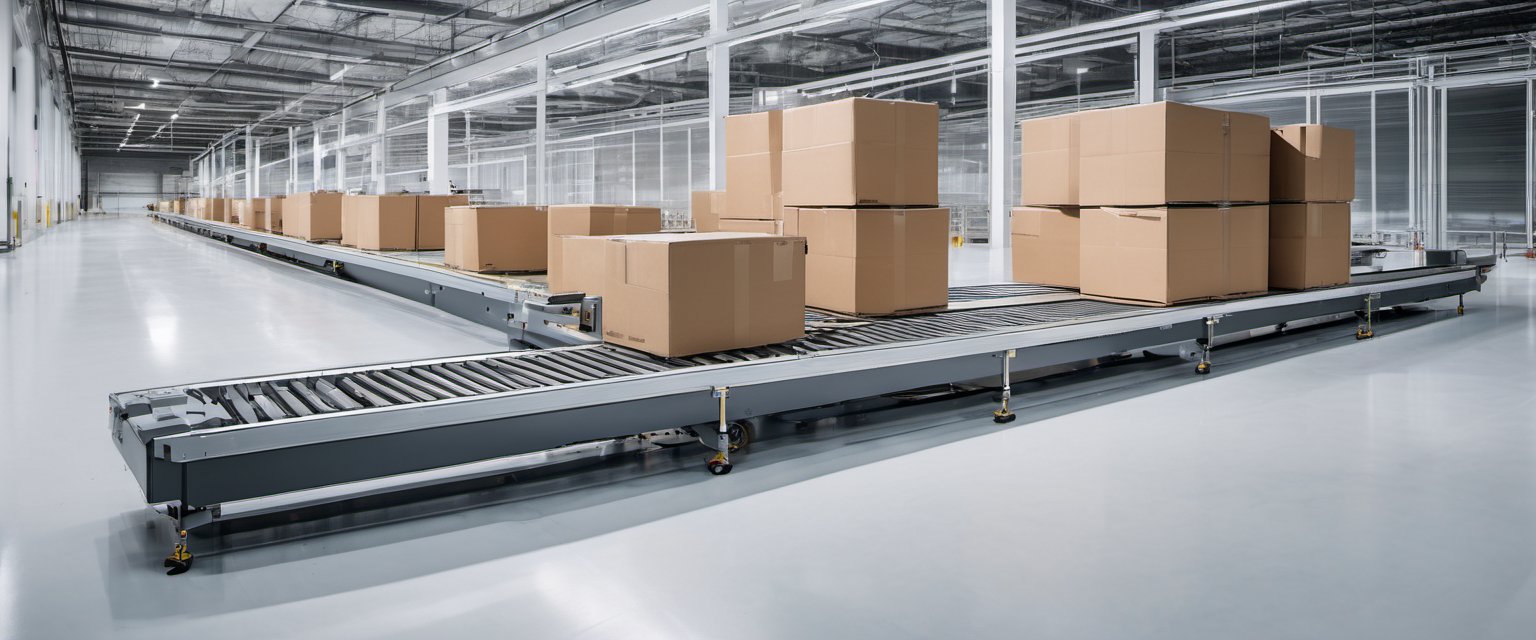 Illustration of an automated conveyor line moving plain unmarked boxes through a bright modern facility