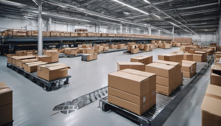 Illustration of a high wide elevated view of an automated parcel sorting facility with several conveyor lines carrying plain boxes