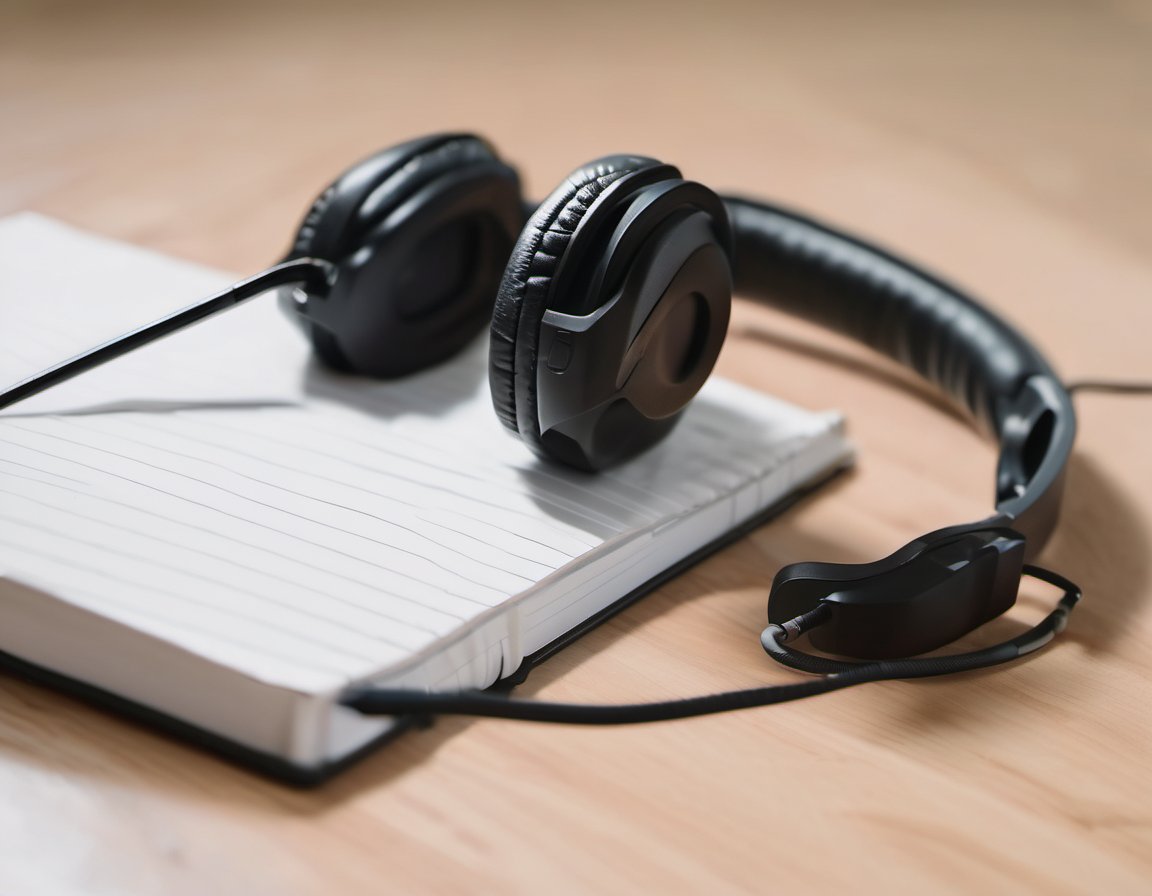 Illustration of a headset resting on a blank notebook on a desk