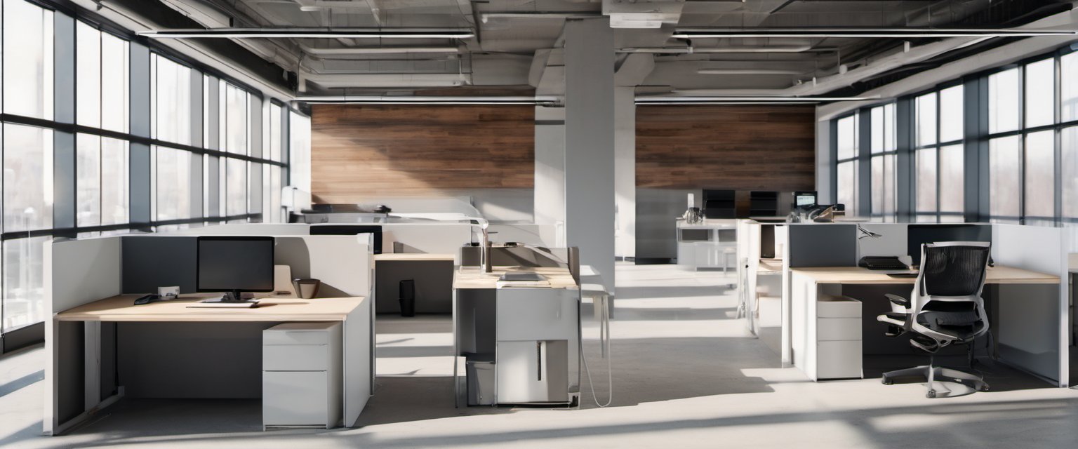 Illustration of two empty office workstations in a bright open-plan office