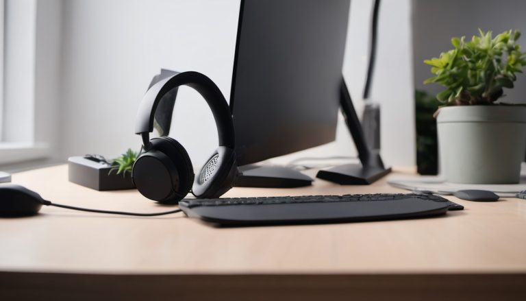 Illustration of an office workstation with a headset, keyboard and notebook