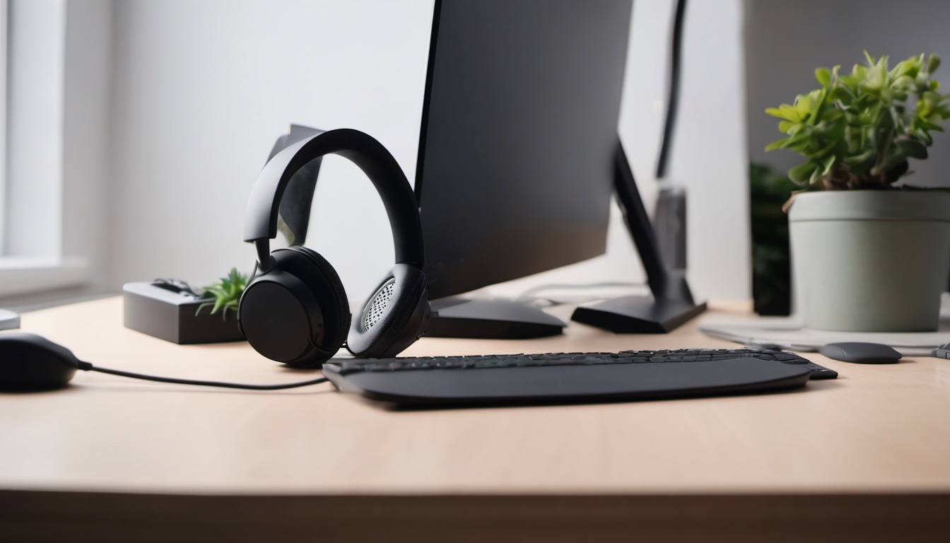 Illustration of an office workstation with a headset, keyboard and notebook