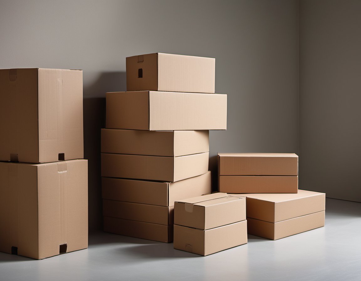 Illustration of a close-up of a neat stack of plain unmarked cardboard boxes