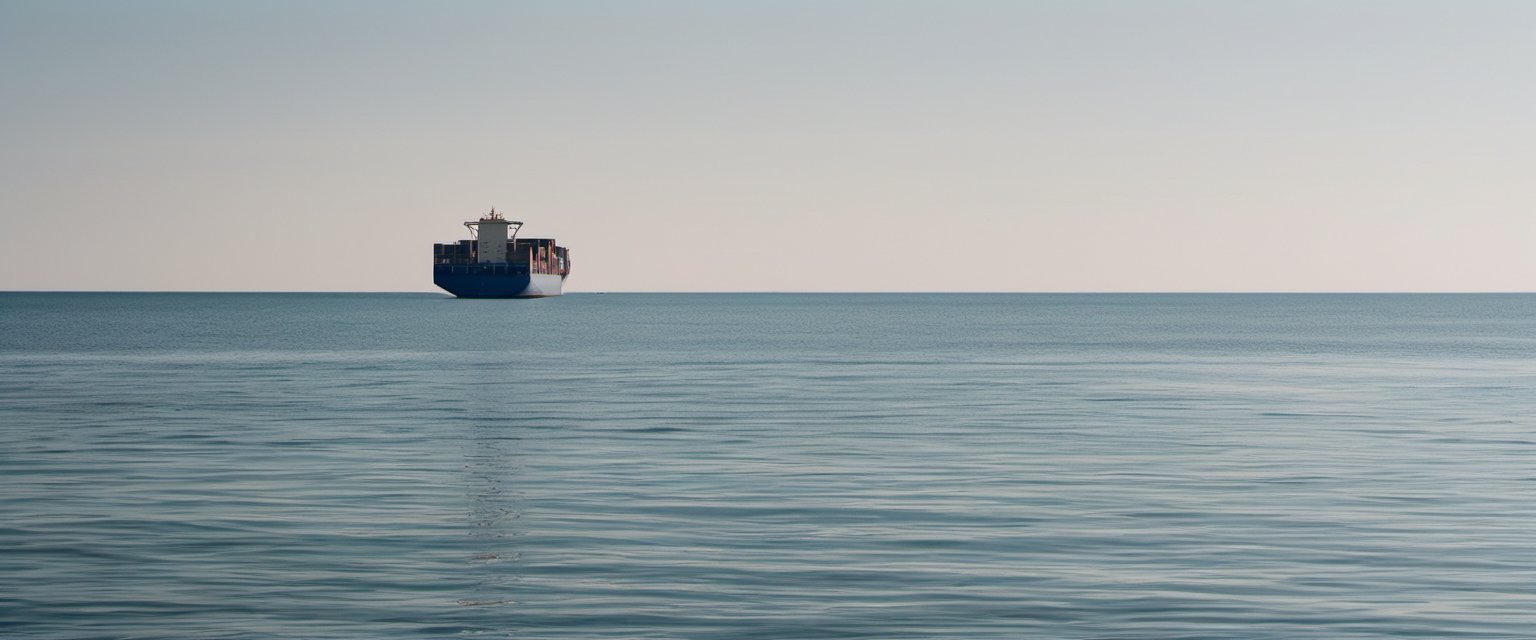 Illustration of a distant container ship on the horizon at sea, small in the wide frame