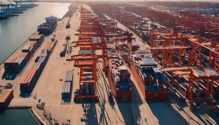 Illustration of An aerial view of a container port at golden daylight, container ships and stacked plain containers