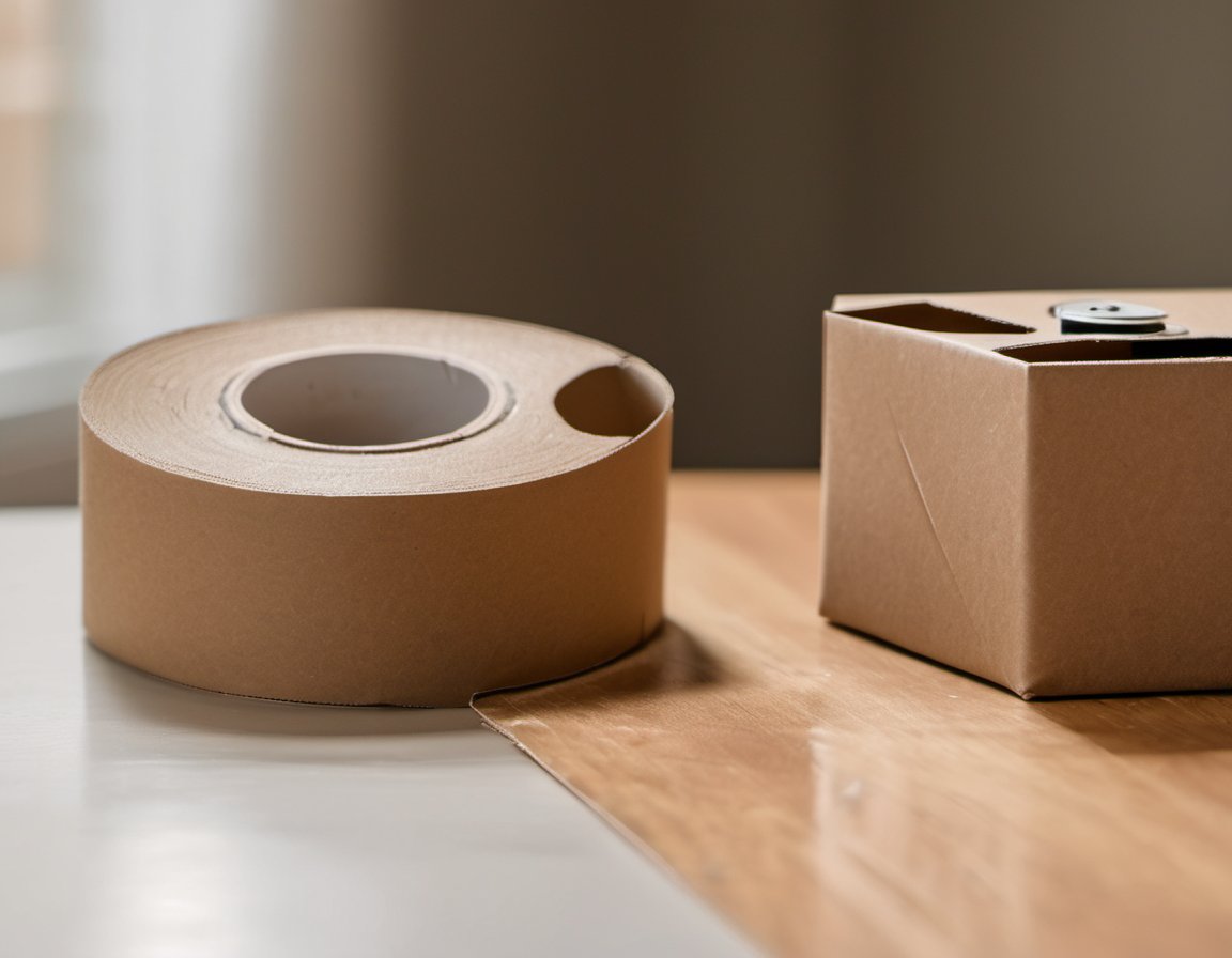 Illustration of A close-up of a plain brown packing tape dispenser and a plain unmarked cardboard box on a wooden table