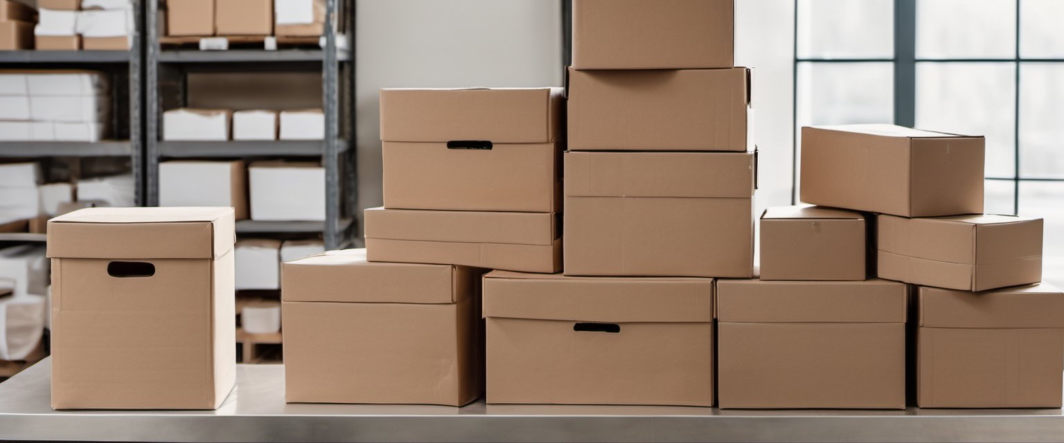 Illustration of A tidy packing station with plain unmarked cartons stacked against a neutral wall