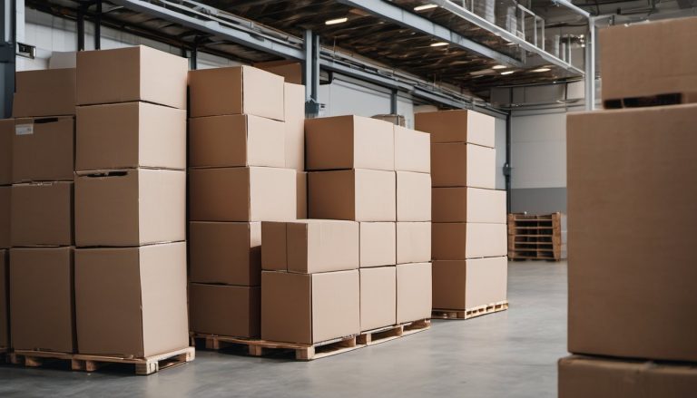Illustration of A warehouse packing area with a stack of plain unmarked cardboard cartons on a wooden pallet beside plain wooden crates