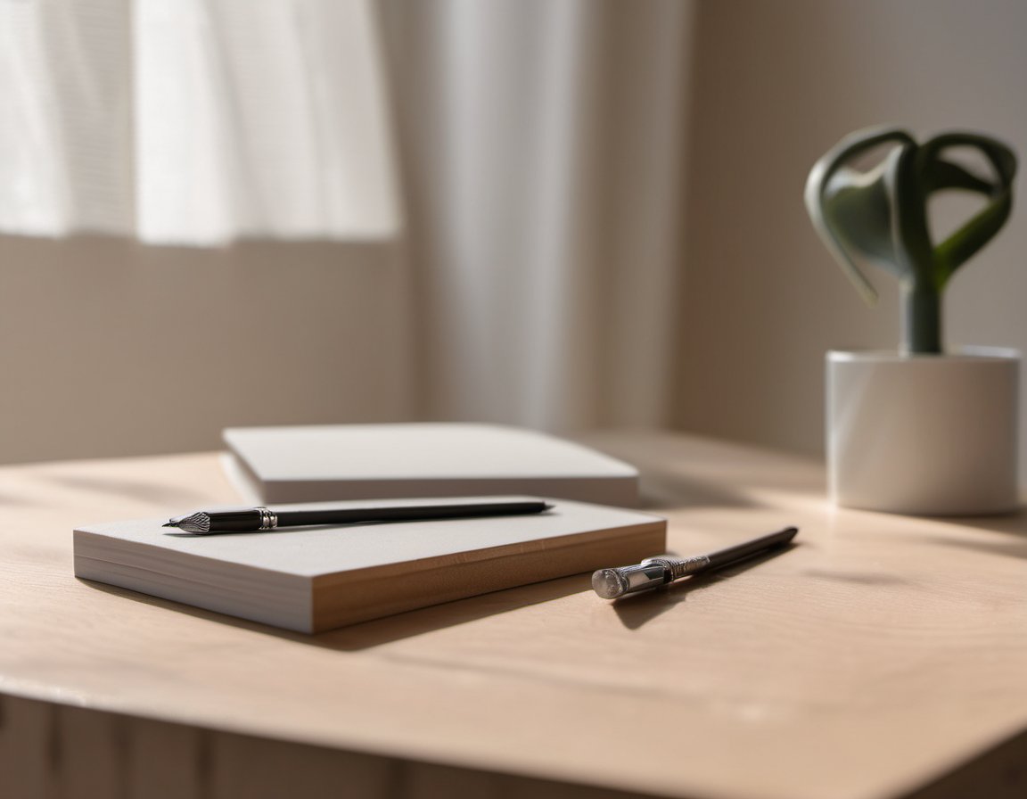 Illustration of a neat row of unbranded product samples and a notepad on a work table