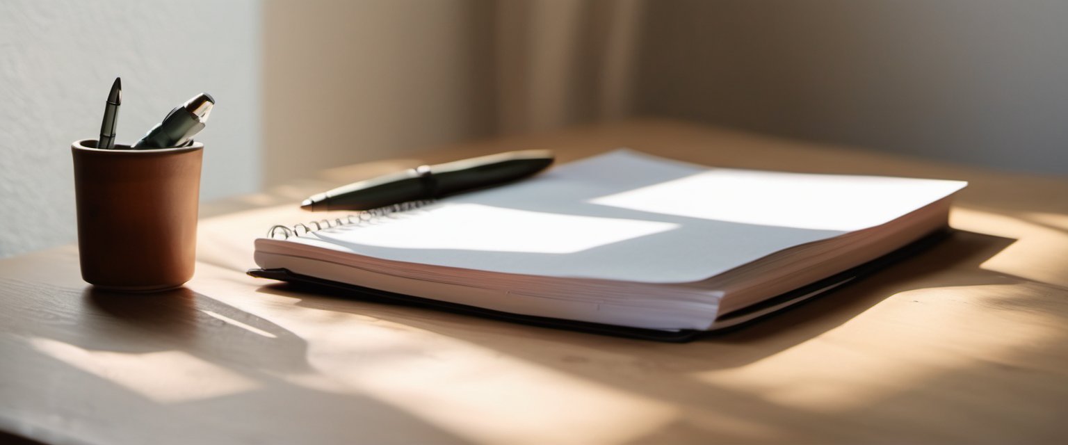 Illustration of a desk with a blank notebook and pens in soft daylight