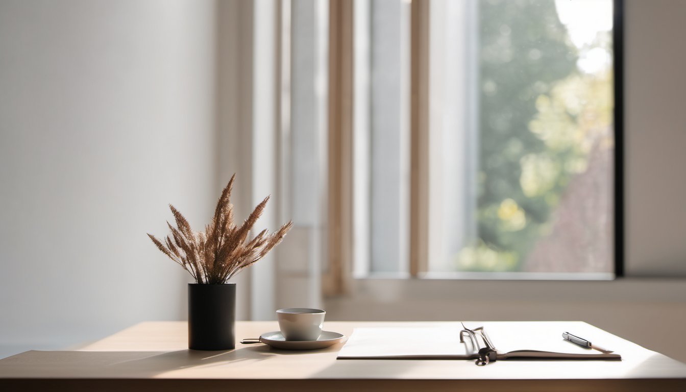 Illustration of a tidy meeting table by a window with a blank notebook and a small unbranded product sample